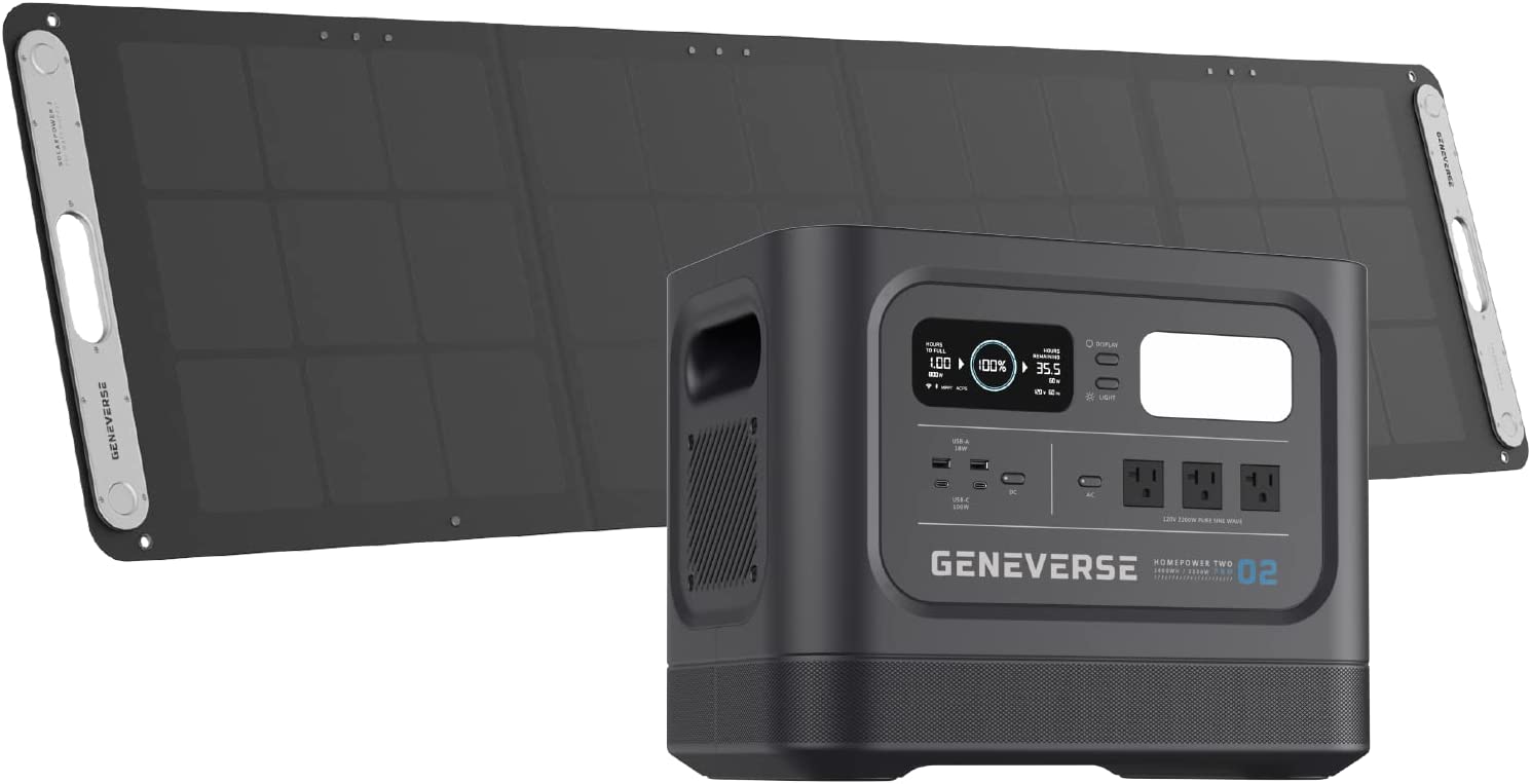 Geneverse 2419Wh (1×1) LiFePO4 Solar Generator Bundle: 1X HomePower TWO PRO Portable Power Station (3X 2200W AC Outlets) + 1X 200W Solar Panel. Quiet, Indoor-Safe Backup Battery Generator For Home