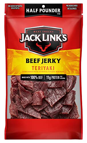 Jack Link’s Beef Jerky, Teriyaki, ½ Pounder Bag – Flavorful Meat Snack, 11g of Protein and 80 Calories, Made with Premium Beef – 96 Percent Fat Free, No Added MSG