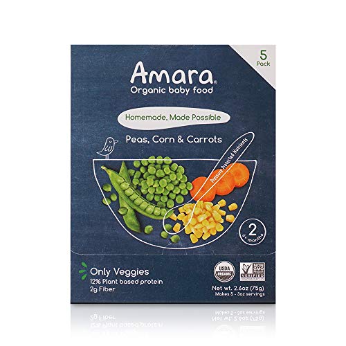 Amara Organic Baby Food | Peas, Corn & Carrots | Baby Cereal to Mix With Breastmilk, Water, or Baby Formula | Baby Food Pouches, Made from Organic Fruit and Veggies | Stage 2 | 5 Pouches