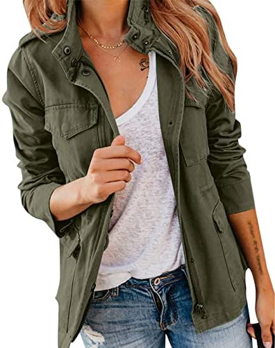 Womens Military Jacket Zip Up Snap Buttons Lightweight Utility Anorak Field Safari Coat Outwear…