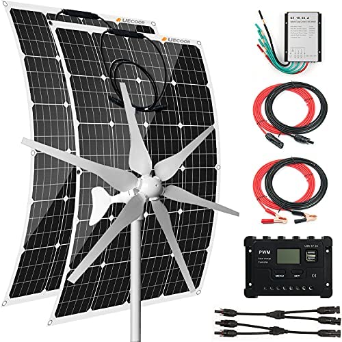 AUECOOR Flexible Solar Panel 640 Watts 12 Volts Solar Wind Hybrid System Kit:2 PCS 120W Monocrystalline Solar Panels with Charge Controller 400W 12V Wind Turbine Generator Off Grid for RV