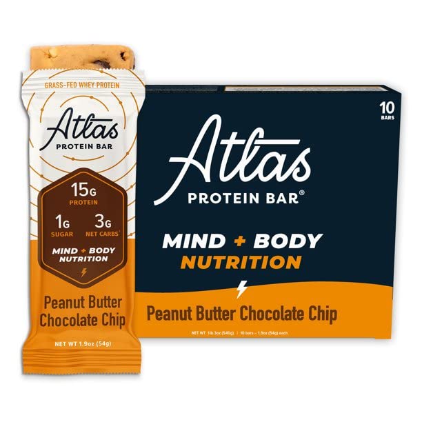 Atlas Mind + Body Keto Protein Bar – Keto Bars – Low Carb Protein Bars – High Fiber Bars – Low Sugar Meal Replacement Bars – Organic Ashwagandha (Peanut Butter Chocolate Chip, 10 Count (Pack of 3))