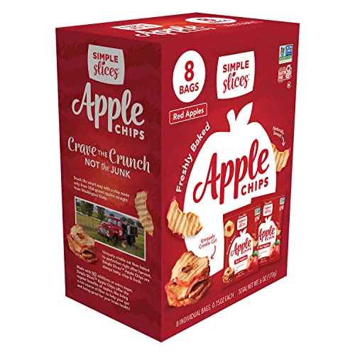Gourmet Nut Simple Slices Baked Apple Chips, USA Grown Sliced Dried Apples, Healthy Vegan Snack For Adults & Kids, Naturally Sweet, No Added Sugar, Red Apples, .75oz Individual Bags (8 Pack Box)