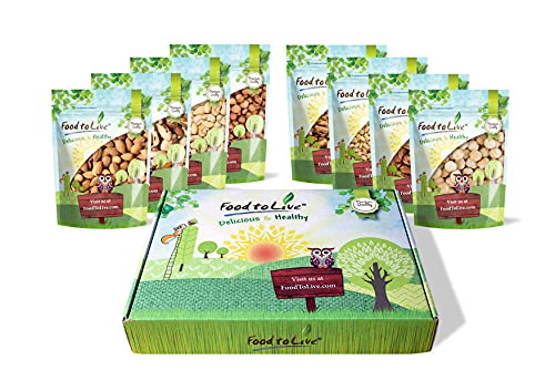 8 Gourmet Variety Healthy Snack Bags of Raw Nuts in a Gift Box by Food to Live (Brazil Nuts, Almonds, Macadamia Nuts, Cashew, Walnuts, Hazelnuts, Pecans, Pine Nuts) – 1 Gift Box