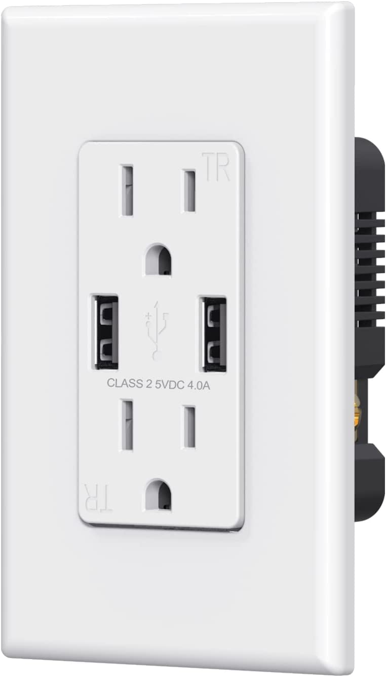 ELEGRP USB Wall Outlet Receptacle, Dual High Speed 4.0 Amp USB Ports with Smart Chip, 15 Amp Duplex Tamper Resistant Receptacle Plug, Wall Plate Included, UL Listed (1 Pack, Glossy White)