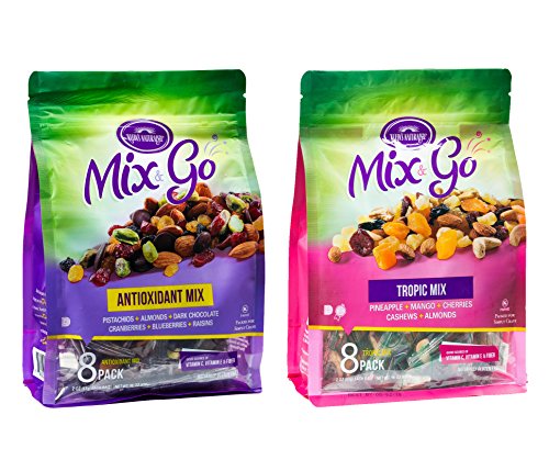 MIX & GO Variety Pack, Single Serve Trail Mix Snack Packs, Healthy Snack Bag, Fruit & Nut (8 packs antioxidant flavor and 8 packs tropic flavor, 2 oz. bags)