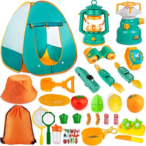 Aokiwo 45Pcs Kids Camping Tent Set, Pop Up Play Tent with Camping Gear Tools Indoor Outdoor Pretend Play Set for Toddler Boys/Girls – Including Telescope, Walkie Talkie, Camping Tent, Stove, and etc