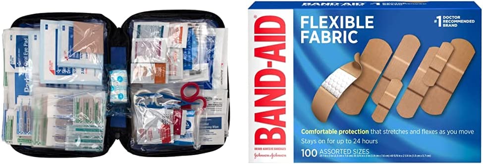 First Aid Only 298 Piece All-Purpose First Aid Emergency Kit (FAO-442) and Band Aid Brand Flexible Fabric Adhesive Bandages for Wound Care & First Aid, Assorted Sizes, 100 Ct, Beige