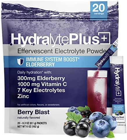 Hydralyte Electrolytes Plus Immunity, Elderberry – Low Sugar Rapid Rehydration Powder – Lightly Sparkling Electrolyte Powder Packets with 1,000mg Vitamin C and 300 mg Elderberry (8oz Serve, 20 Count)