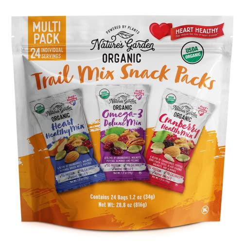 Nature’s Garden Organic Trail Mix Snack Packs – Trail Mix Variety, Energy Boosting, Heart Healthy, Omega-3 Rich, Cranberries, Pumpkin Seeds, Individual Packs, Family – 1.2 oz Bags (24 Individual Servings)
