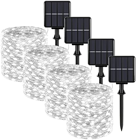 Extra-long 288FT Solar Fairy String Lights, 4-Pack Each 72FT 200 LED Outdoor Twinkle Lights Waterproof 8 Lighting Modes Daylight White Silver Wire Lights for Deck Backyard Tree Garden Fence Pool Party