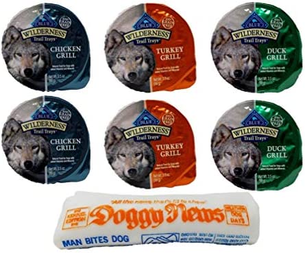 Blue Buffalo Wilderness Grain Free Trail Trays Dog Food 3 Flavor Variety 6 Can with Toy Bundle, 2 Each: Chicken, Turkey, Duck (3.5 Ounces)