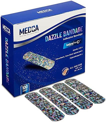 Glitter Bandages for Kids -(100 Count Box) Adhesive Bandage Strips w/ Colorful Glitter Design & Latex-Free Flex Fabric Band Individually Wrapped Strips for First Aid, Wound Care, Minor Cuts, Scrapes