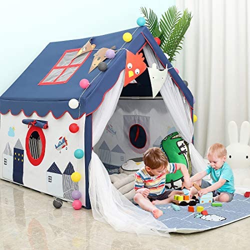 YOIKO Kids Tents Indoor Playhouses Boys 9.9Ft Star String Lights Blue Tent for Boys Upgraded Large Kids Indoor Tents and Playhouses Longer Curtain with Colorful Accessories Decoration 50.4″ x 47.3″