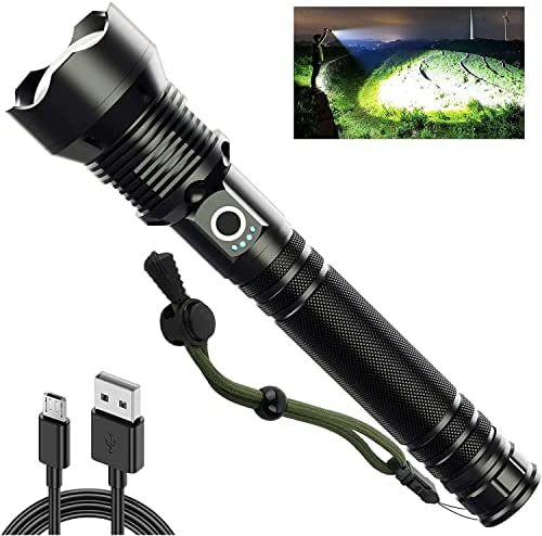 Cinlinso Rechargeable Flashlight 90000 Lumen with ΒATTERY,Most Powerful Water Resistant Camping Flashlight,Super Bright Portable Outdoor Torch Light Zoomable Flashlight with Power Display