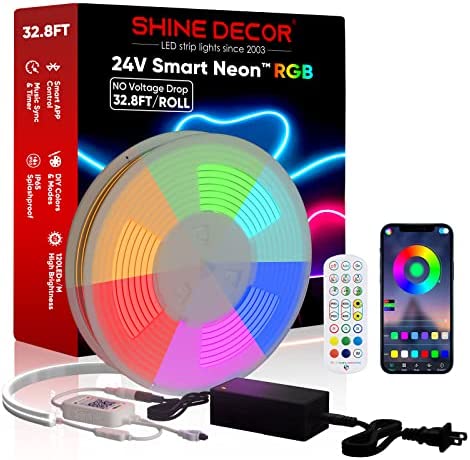 Shine Decor 24V Neon Rope Lights, RGB Smart Neon Light Rope with APP Control &Music Sync, 32.8FT/10M Neon LED Strip Lights for Indoor Outdoor Bedroom Gaming Wall Lighting, Dimmable Flexible Waterproof