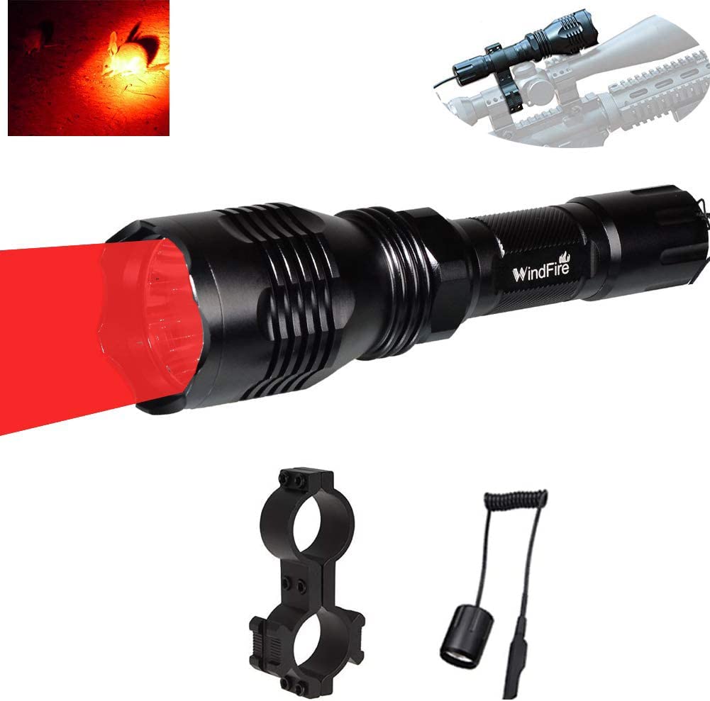 WINDFIRE® WF-802 Tactical Flashlight Waterproof 350 Lumens 250 Yard Long Range Throwing RED LED Coyote Hog Hunting Light Lamp Torch with Pressure Switch & 1“ Scope Mount
