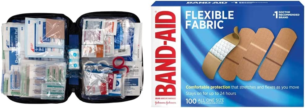 First Aid Only 299 Piece All-Purpose First Aid Emergency Kit (FAO-442) & Band-Aid Brand Flexible Fabric Adhesive Bandages for Wound Care and First Aid, All One Size, 100 Count