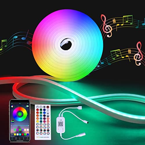 16.4ft RGB Neon Rope Lights with Music Sync, IP65 Waterproof Flexible RGB Led Strip Lights with Remote APP Control, Multicolor Changing LED Lights for Bedroom Gaming Room Party DIY Outdoor Wall Decor