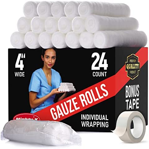Premium Gauze Rolls – 24 pack – 4″ Individually Wrapped + Bonus Tape – First Aid Conforming Rolled Gauze