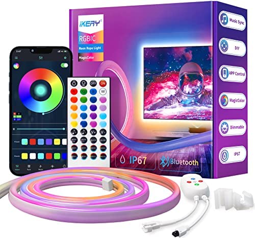 IKERY Neon Light Strip-10FT RGBIC 5050 Smart Music Sync Color Changing Flex Led Neon-Rope Light W/ Mic, Remote & Bluetooth Control, IP67 Waterproof Dream-Magic Color Light for Bedroom, TV, Gaming Room