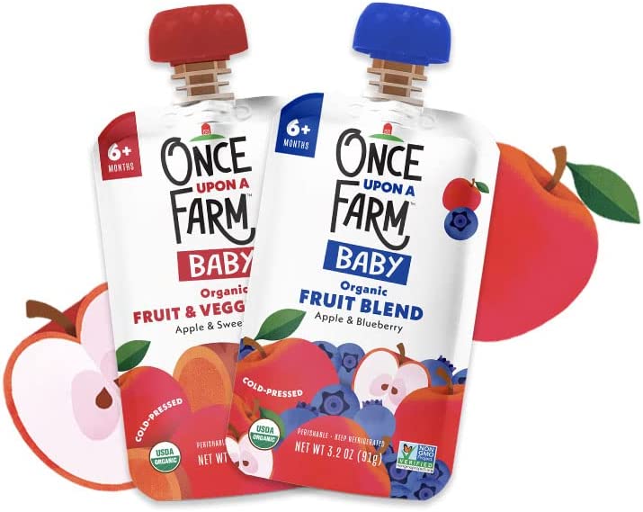 Once Upon a Farm | Organic Baby Blends | Apple Sweet Potato, Apple Blueberry | Cold-Pressed | Unsweetened | Dairy-Free Plant Based | Variety Pack of 24