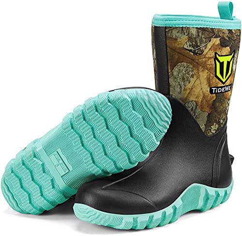 TIDEWE Rubber Boots for Women, 5.5mm Neoprene Insulated Rain Boots with Steel Shank, Waterproof Mid Calf Hunting Boots, Durable Rubber Work Boots for Farming Gardening Fishing (Black, Plaid & Realtree Edge Camo & NEXT CAMO G2, Size 5-11)