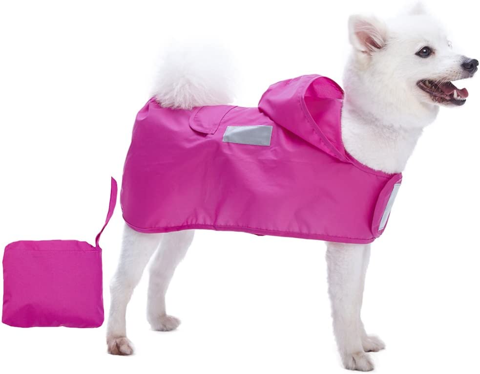 Blueberry Pet 4 Colors 16" Lightweight Packable Hooded Dog Rain Poncho with 3M Reflective Safety Tapes in Cerise Pink, Pack of 1 Outdoor Rain Jacket for Dogs