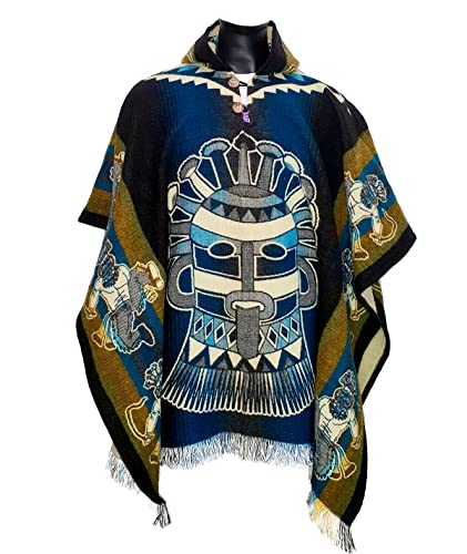 MYTHICAL ECUADOR Alpaca Poncho Men Ponchos Adult Fair Trade Ponchos Interactive Garment by Mythical Ecuador Artisan Crafted men’s poncho (Blue-black Aya Uma)