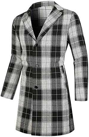 Mens Casual Overcoat Warm Winter Plaid Print Long Sleeve Button Down Lapel Super Soft Medium Ling Coat for Men