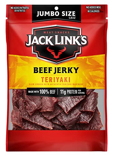 Jack Link’s Beef Jerky, Teriyaki, 5.85 oz. Sharing Size Bag – Flavorful Meat Snack, 10g of Protein and 80 Calories, Made with Premium Beef – 95 Percent Fat Free, No Added MSG