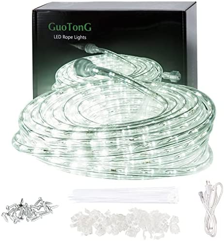 50ft/15m Plug in LED Rope Lights, 540 Daylight White LEDs, 110V, 2 Wire, Waterproof,Connectable, Power Socket Connector Fuse Holder, Indoor/Outdoor Use, Ideal for Backyards, Decorative Lighting