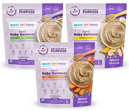 Ready, Set, Food! Organic Baby Oatmeal Cereal| Sweet Potato Carrot, Banana Apple & Original Variety Pack | Organic Baby Food with 9 Top Allergens: Peanut, Egg, Milk, Cashew, Almond, Walnut, Sesame, Soy & Wheat | Unsweetened | Fortified with Iron
