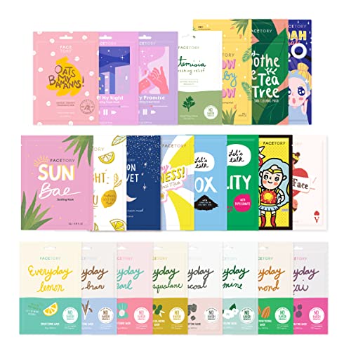 FACETORY 23 Sheet Mask Collection – Hydrating, Moisturizing, Radiance Boosting, Soothing, Redness Relief – For All Skin Types, Made in Korea, Variety Pack of 23 Sheet Masks