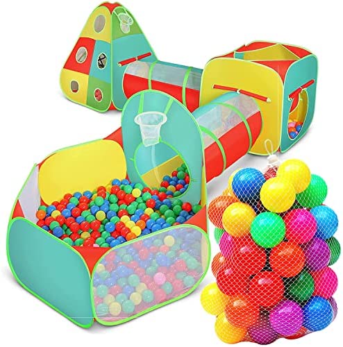 Children’s 5pc Pop Up Play Tent, Ball Pit, & Crawl Tunnel with 50 Play Balls – Pretend Playhouse for Kids, Toddlers, Boys, Girls, Indoors & Outdoors – Target Game with 4 Dart Balls with Carry Case