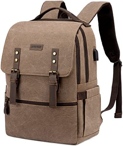 LOVEVOOK Canvas Vintage Laptop Backpack for Men Women,Waterproof Travel Backpack Outdoor Sports Hiking Rucksack Casual Daypack School Bag Bookbag with USB Charging Port Fit 17.3 Inch