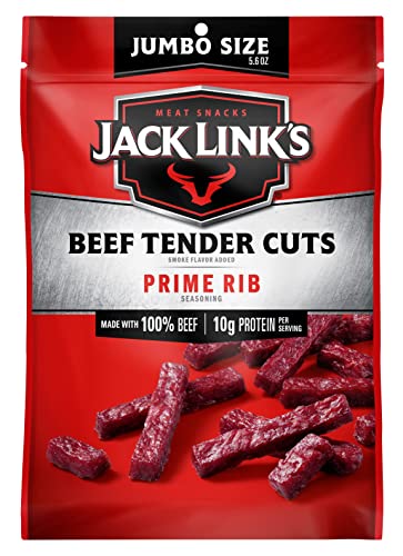 Jack Link’s Tender Cuts, Prime Rib Flavor, 5.6 Oz Sharing-Size Bag – Jerky Snack with 10g of Protein and 70 Calories, Made with Premium Beef, 96 Percent Fat Free (Packaging May Vary)