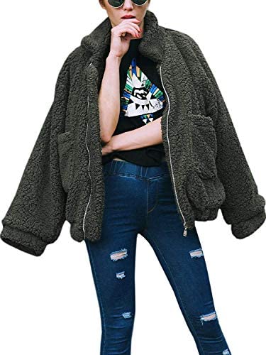 Comeon Women’s Coat Casual Lapel Fleece Fuzzy Faux Shearling Zipper Coats Warm Winter Oversized Outwear Jackets