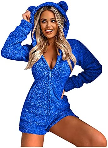 Pajamas for Women Plush Hooded Jumpsuit Casual Winter Warm Long Sleeve Fleece Cute Bear Ear Cap Romper Sleepwear
