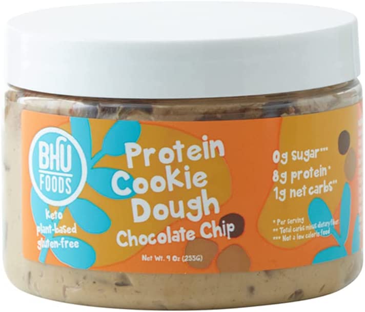 BHU Keto Protein Cookie Dough Snack Jar, Chocolate Chip – 2g Net Carbs, 1g Sugar – An Organic & Vegan Dessert Snack free from Grain, Gluten and Dairy (9oz)