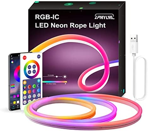 LPMYLMC Neon Rope Light RGB-IC, 10ft Rope Lights with Music Sync, DIY Design, Compatible with Alexa, Google Assistant, LED Strip Lights for Bedroom, Living Room, Gaming Decor (Not Support 5G WiFi)