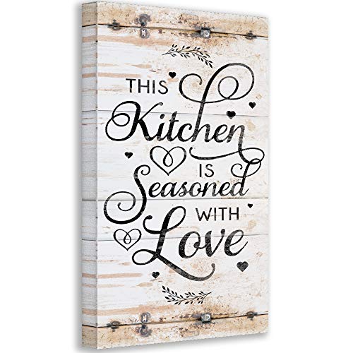 This Kitchen is Seasoned With Love Print – Classic Farmhouse Kitchen Decor, Family and Love Wall Sign, Great Kitchen Quote Sign, Rustic Metal Sign Style Stretched Canvas Vertical Print 12×24