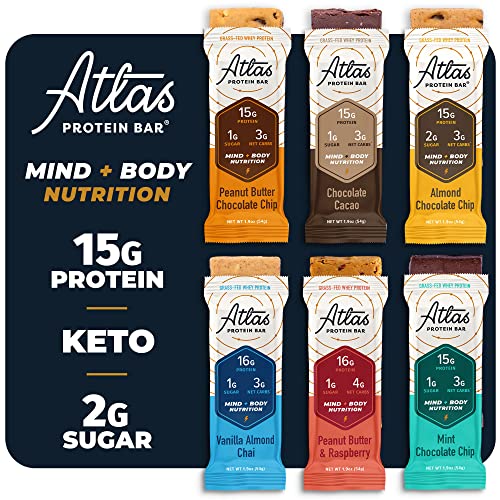 Atlas Protein Bar, Keto snack, Breakfast, Pre/Post workout, 10 pack, Ultimate Pack of Chocolate Cacao, Peanut Butter Choc. Chip, Vanilla Almond Chai, Almond Choc. Chip, Peanut Butter Raspberry, Mint Choc. Chip