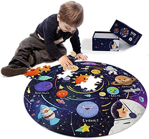 DIGOBAY Kids Toys Puzzle for 4-8 Toddlers Boys Girls-Wooden Solar System Floor Puzzles Ages 3+ Large Round Space Planets Astronaut Jigsaw Puzzle-Birthday, Christmas, for Children