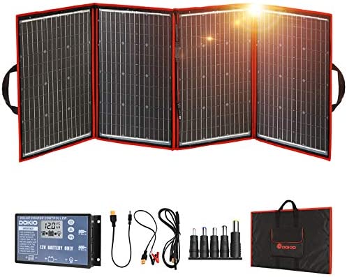 DOKIO 220w 18v Portable Foldable Solar Panel Kit (29x21inch, 11.7lb) Solar Charger with Controller 2 USB Output to Charge 12v Batteries/Power Station (AGM, Lifepo4) Rv Camping Trailer Emergency Power