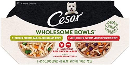 Cesar Wholesome Bowls Adult Soft Wet Dog Food Variety Pack, Chicken, Carrots, Barley & Green Beans Recipe and Beef, Chicken, Purple Potatoes & Carrots Recipe, (6) 3 oz. Bowls