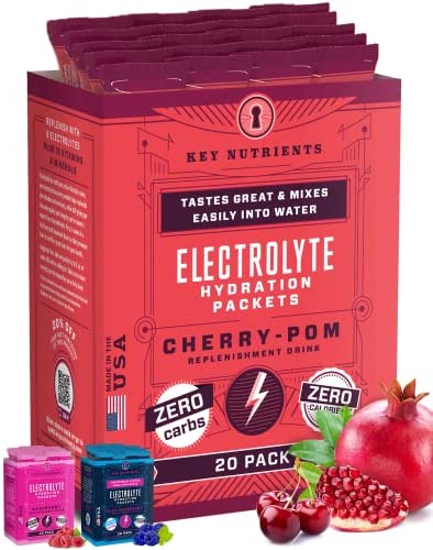 KeyNutrients Electrolytes Powder: Zero Calorie Strawberry-Kiwi/Blue Raspberry/Cherry-Pom/Raspberry Powder in 90, 40 or 20 Servings Hydration Travel Packets – Keto Electrolytes, Gluten and Carb Free