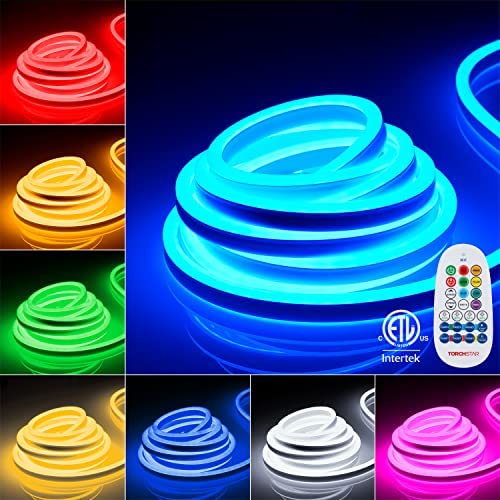 TORCHSTAR 50ft LED Neon Rope Lights Outdoor, IP67 Waterproof, AC 120V Linkable 100ft Max, ETL Certified, Ambient Multi-Color Light Indoor Decor, for Bedroom, Commercial Building, RGB