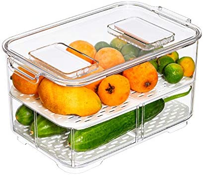 Slideep 11” Large Food Storage Containers, Fridge Produce Saver 2 Tier Stackable Refrigerator Organizer with Lids and Removable Drain Tray Drawers Bins Baskets for Kitchen