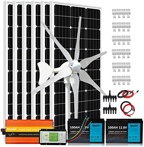 1000 Watt 12V Wind Solar Powered Complete Kit with Battery & Inverter ： 6X 100W Solar Panel + 400W Wind Turbine Generator + 2X 100AH Lifepo4 Batteries +1000W Pure Sine Inverter + Hybrid Controller